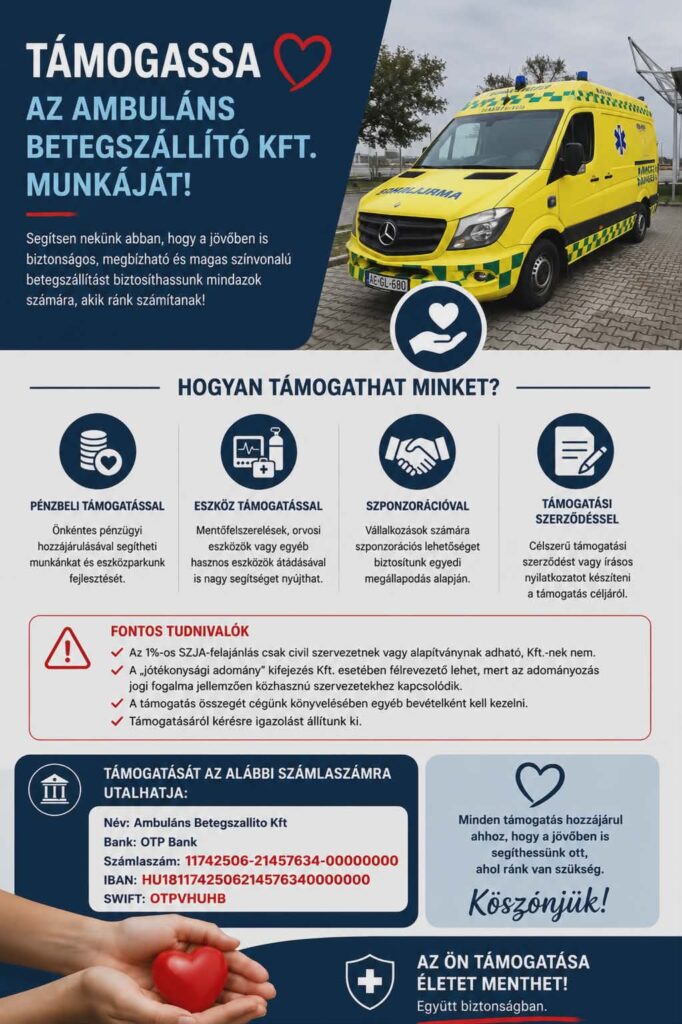 Az Ambuláns Betegtaxi betegszállító csapata és modern betegszállító járműve. Támogatásával hozzájárulhat a biztonságos és megbízható betegszállítás fejlesztéséhez Budapest, Pest megye, országos és nemzetközi útvonalakon.